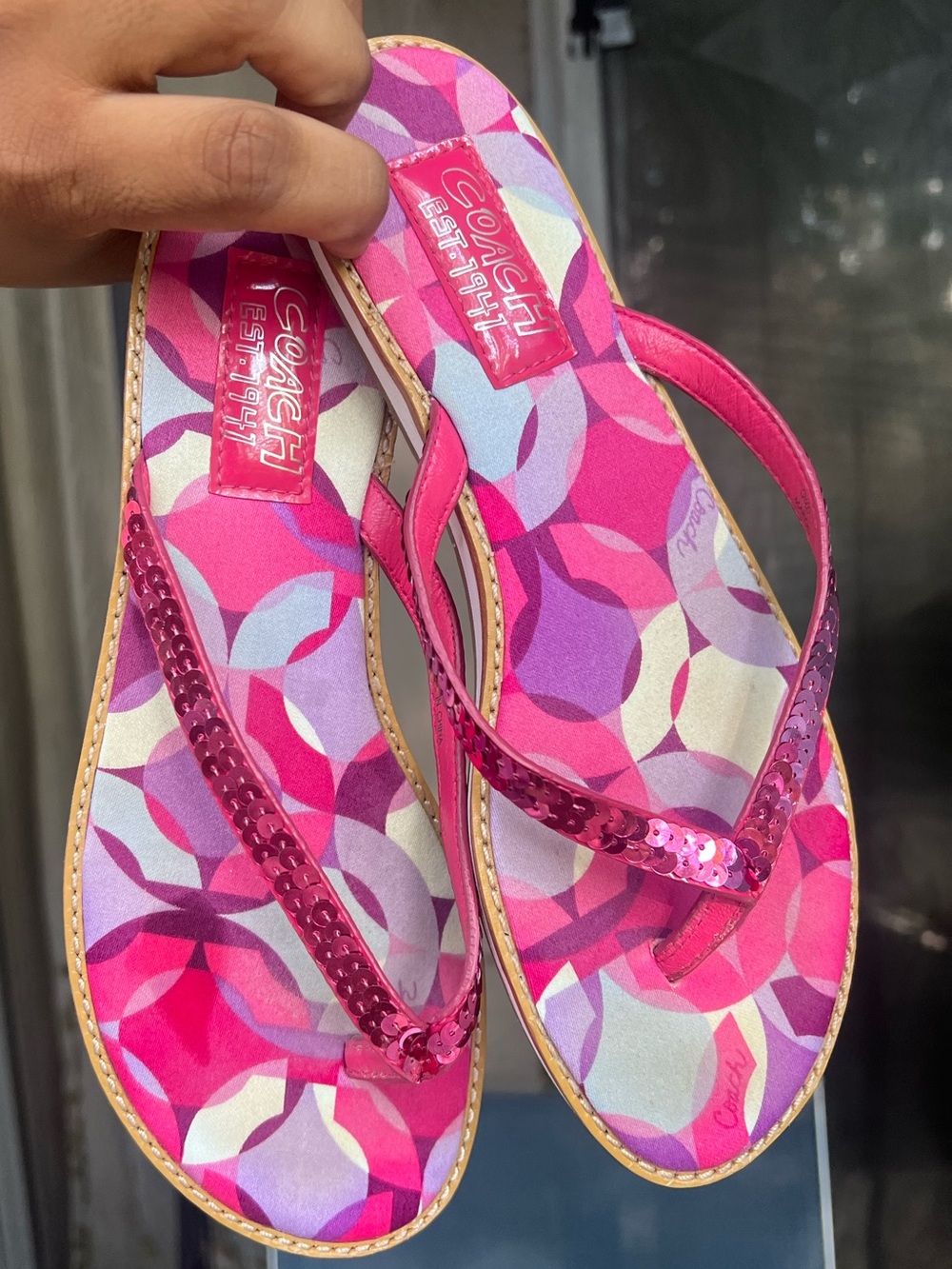 Coach Pink Sequin Strap Flip Flop Sandals Size 6B